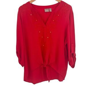 Chicos red embellished tie front blouse size xlarge